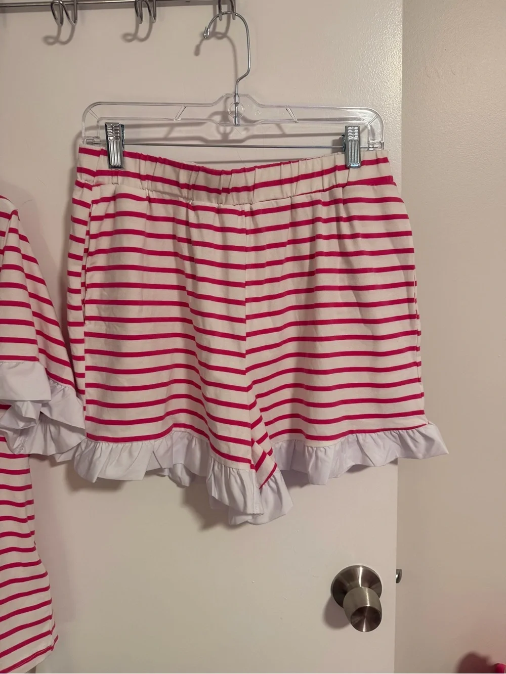Amazon Pink & White Stripe Ruffle Short Sleeve Top and Shorts with Pockets Set